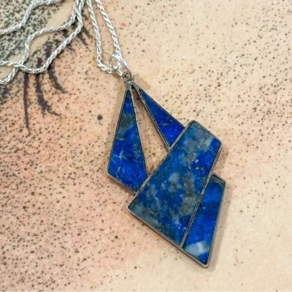 Vintage Modernist Sterling Silver Lapis Lazuli Geometric Pendant Necklace 950 - Picture 4 of 6